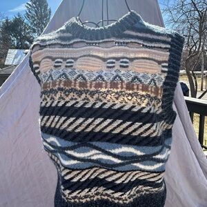 Magaschoni Striped Knit V-Neck Sweater Vest in Blue, Cream & Brown